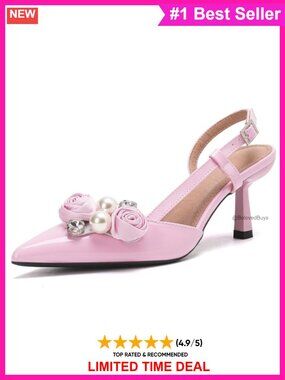 Kitten Heel Slingback Pumps Pointed Toe Pearl Flower Buckle Strap